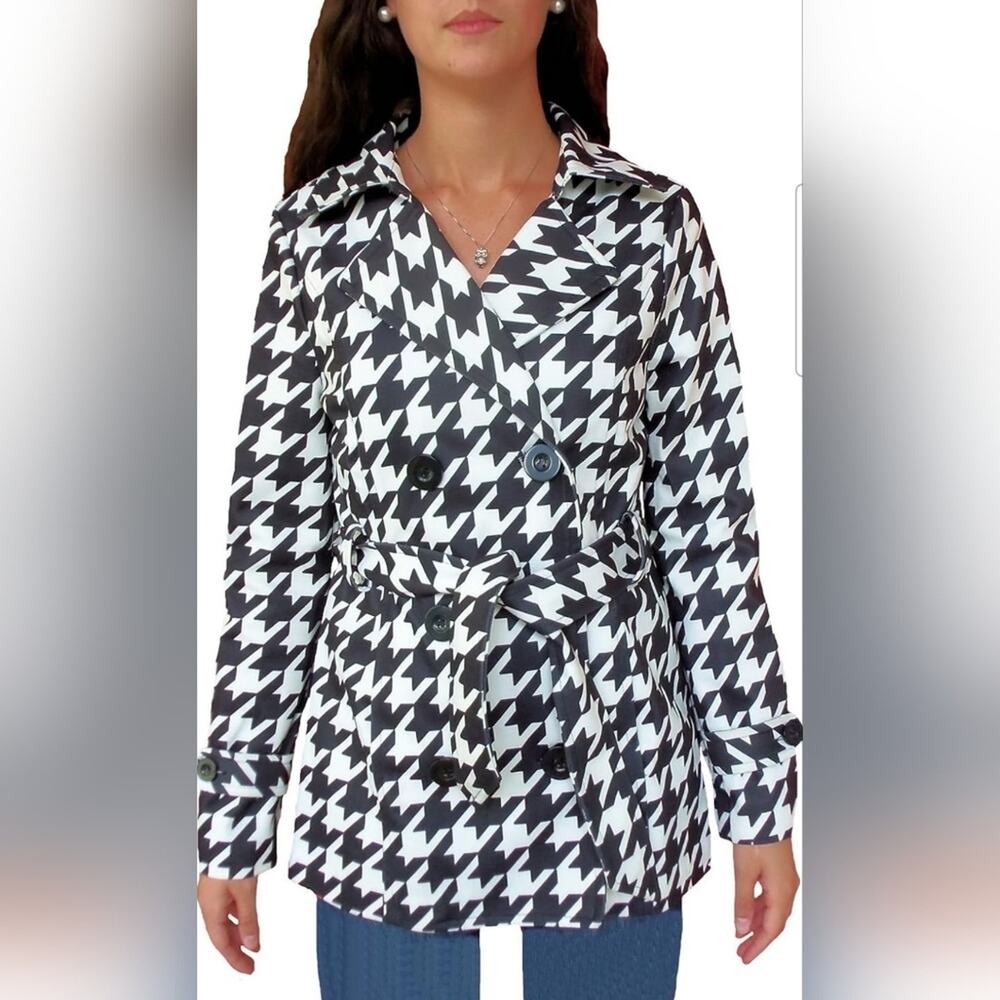 Wishful park jacket lined houndstooth belted peacoat medium black white